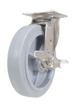 The Vestil 8X2 Tpr Ss Rig Swivel Caster W/Brake features a grey Performa wheel with a metallic mounting bracket and locking mechanism. Its sturdy, industrial design makes it ideal for heavy-duty applications.