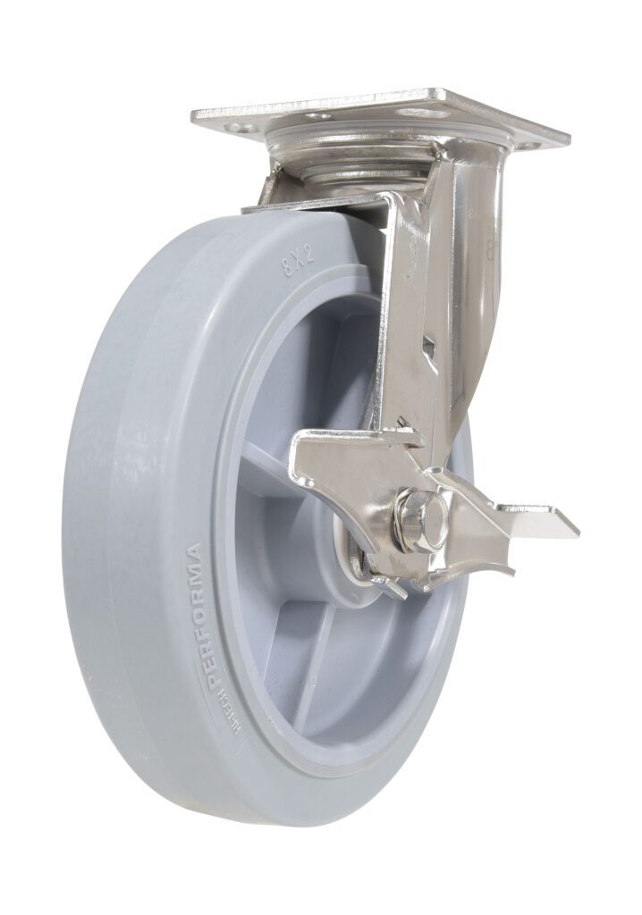 The Vestil 8X2 Tpr Ss Rig Swivel Caster W/Brake features a grey Performa wheel with a metallic mounting bracket and locking mechanism. Its sturdy, industrial design makes it ideal for heavy-duty applications.