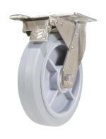 The Vestil 8X2 Tpr Ss Rig Swivel Caster W/Total Brake features shiny industrial metal parts like a mounting plate and swivel mechanism, with a light gray rubber tire for secure surface attachment.