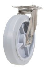 The Vestil 8X2 Tpr Ss Rig Swivel Caster has a gray industrial wheel with a metal bracket, offering a smooth solid surface and reinforced spoke design for durability and easy swivel movement, ideal for heavy-duty use.