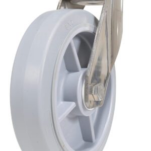 The Vestil 8X2 Tpr Ss Rig Swivel Caster has a gray industrial wheel with a metal bracket, offering a smooth solid surface and reinforced spoke design for durability and easy swivel movement, ideal for heavy-duty use.