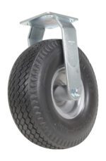The Vestil 10X3.5 Flat-Free Caster has a robust foam-filled rubber wheel with textured tread, mounted on a metal bracket, ideal for stable and maintenance-free movement of equipment or furniture.