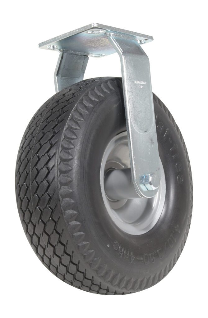The Vestil 10X3.5 Flat-Free Caster has a robust foam-filled rubber wheel with textured tread, mounted on a metal bracket, ideal for stable and maintenance-free movement of equipment or furniture.
