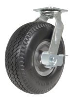 The Vestil 8X2 Foam Filled Swivel Caster W/Brake offers a heavy-duty design with a visible tread pattern, large rubber tire, and metal mounting bracket. It features a bolted plate for secure attachment.