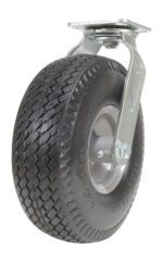 The Vestil 10X3.5 Flat-Free Swivel Caster features a durable design with a large black rubber wheel and gray metal mounting plate, offering textured tread for traction and secure bracket attachment for high-demand use.