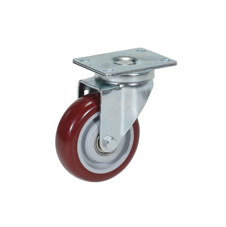 The Vestil wheel boasts a swiveling red rubber tire on a silver metal base, complete with four screw holes for easy surface attachment.