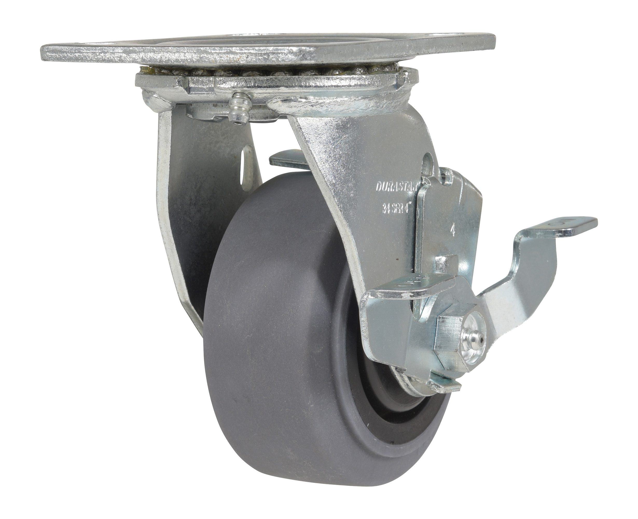 CST-F-4X2CR-SWB_A.jpg The Vestil 4X2 Conductive Rubber Swivel Caster W/Brake features a gray wheel with a sleek metal frame, side brake lever, and mounting plate, ideal for furniture or equipment. Its smooth surface and shiny metallic components ensure excellent performance.