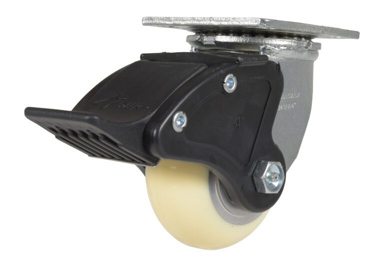 CST-F-4X2ESD-SWTB1_A.jpg The Vestil 4X2 Polyurethane ESD swivel caster with TOT BRK1 features a gray metal mounting plate, yellow wheel, and black plastic foot pedal brake. Designed for heavy-duty use, it ensures smooth mobility and reliable performance.