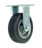The Vestil 6X2 Flat-Free Rigid Caster features a heavy-duty design with a black rubber tire and metal frame, mounted on a silver bracket with a textured tread pattern, ideal for industrial use without flat concerns.
