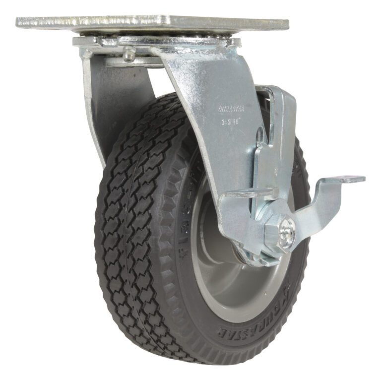 The heavy-duty Vestil 6X2 Flat-Free Swivel Caster features a black rubber tire on a metal bracket with a secure brake. Its textured surface ensures traction, all set against a clean white background.