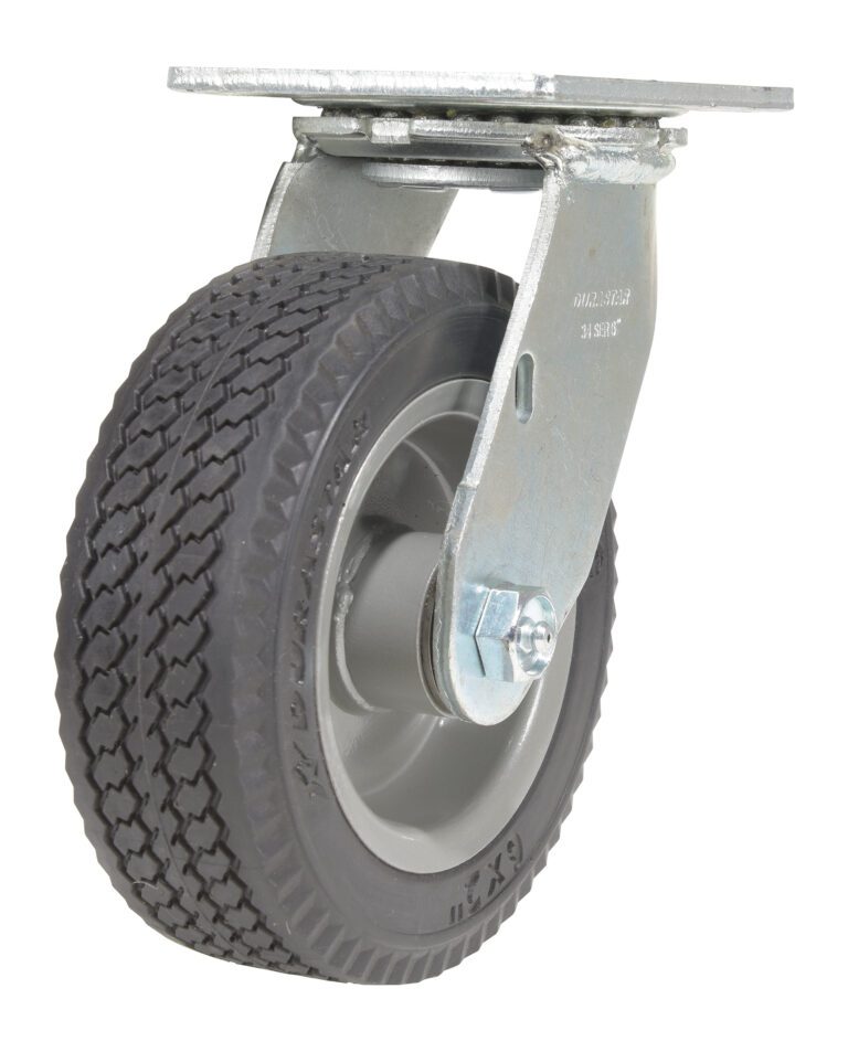 The Vestil 6X2 Flat-Free Swivel Caster features a black rubber tire and metal frame, ensuring easy movement and rotation. Its tread pattern and sturdy construction are highlighted against a white background, emphasizing its versatility.