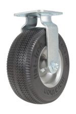 The Vestil 8X3 Flat-Free Rigid Caster, featuring a black rubber tire and silver metal frame, is foam-filled for heavy-duty use. It includes a mounting plate for secure installation.