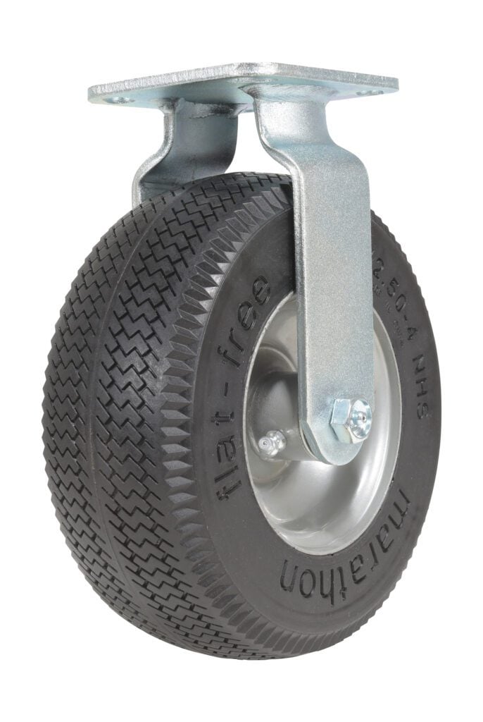 The Vestil 8X3 Flat-Free Rigid Caster, featuring a black rubber tire and silver metal frame, is foam-filled for heavy-duty use. It includes a mounting plate for secure installation.