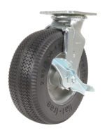 The Vestil 8X3 Flat-Free Swivel Caster boasts a durable black treaded tire and silver metal bracket with a locking brake, featuring an angled design that accentuates the tires texture and shiny components.