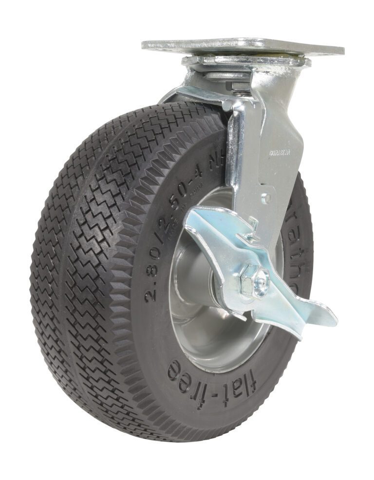 The Vestil 8X3 Flat-Free Swivel Caster boasts a durable black treaded tire and silver metal bracket with a locking brake, featuring an angled design that accentuates the tires texture and shiny components.