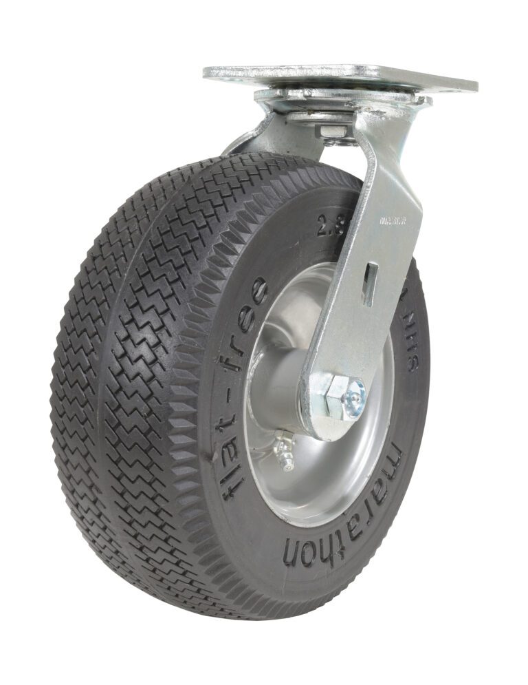 The Vestil 8X3 Flat-Free Swivel Caster is designed for heavy-duty use with a metal swivel mount and robust black tire. Its textured tread is durable, and the foam-filled feature ensures puncture-free, smooth movement.