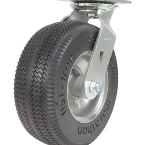 The Vestil 8X3 Flat-Free Swivel Caster is designed for heavy-duty use with a metal swivel mount and robust black tire. Its textured tread is durable, and the foam-filled feature ensures puncture-free, smooth movement.
