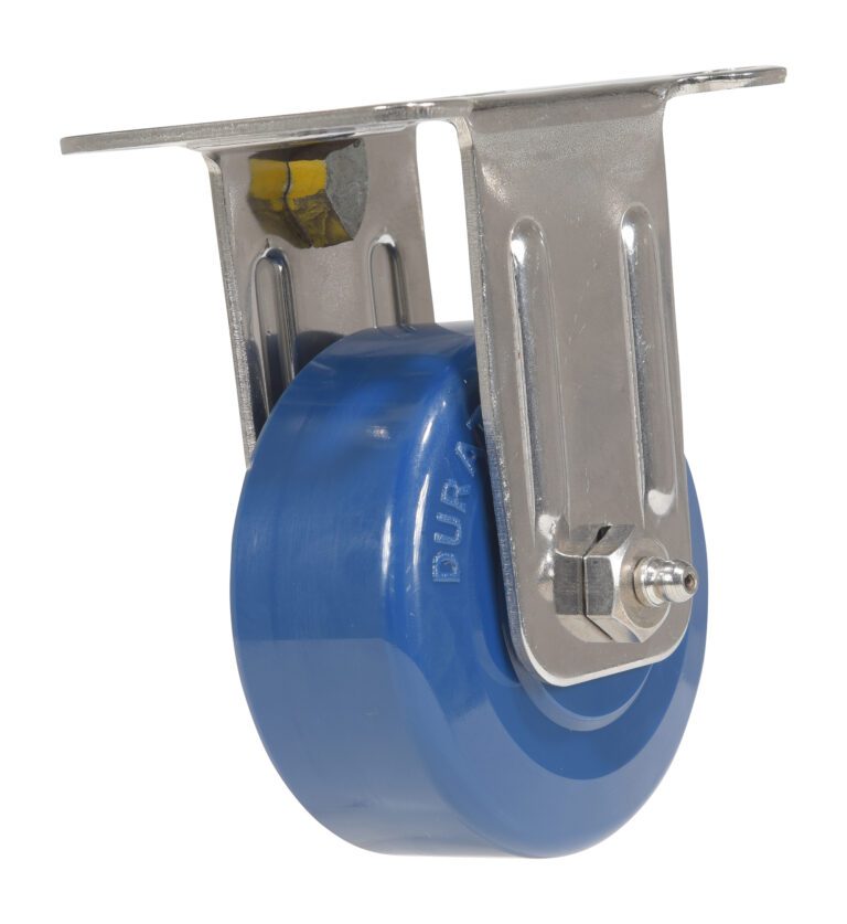 CST-F-SS-3X1SP-R_A.jpg The blue Vestil 3 X 1 1/4 Solid Polyurethane (Spu) Rigid caster wheel, with a silver metal bracket and mounting plate, features a smooth surface and valve-like design on one side for reliable mobility of furniture or equipment.