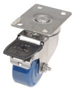 The Vestil 3 X 1 1/4 Solid Poly(Spu) Swivel W/Posi-Lock Brake features a blue wheel, metal mounting plate, and black Posi-Lock brake lever for heavy-duty, smooth multidirectional movement.