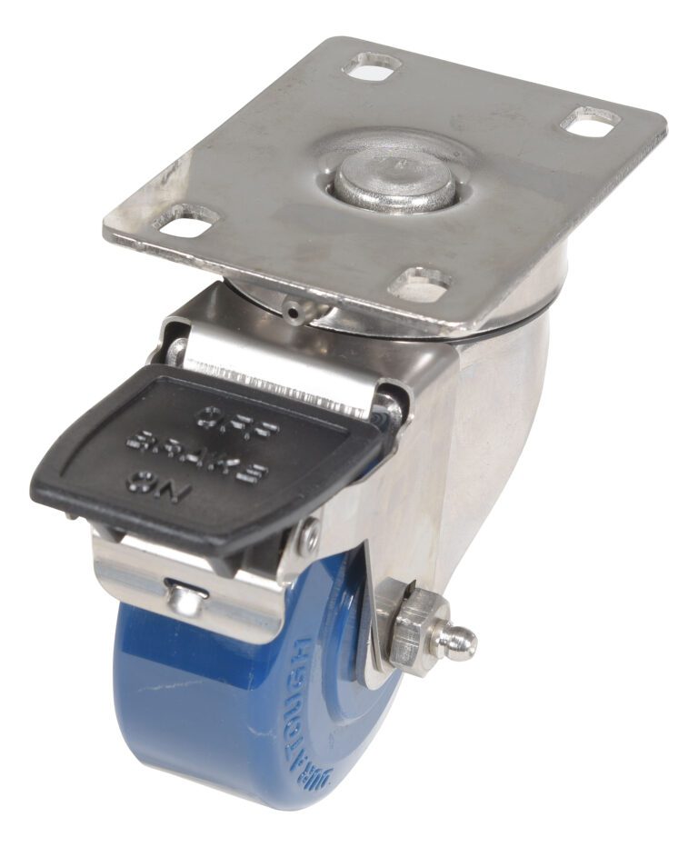 The Vestil 3 X 1 1/4 Solid Poly(Spu) Swivel W/Posi-Lock Brake features a blue wheel, metal mounting plate, and black Posi-Lock brake lever for heavy-duty, smooth multidirectional movement.