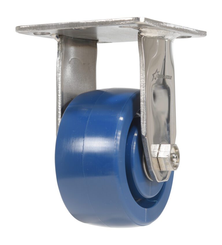 CST-F-SS-4X2SP-R_A.jpg Introducing the Vestil 4X2 Solid Polyurethane (Spu) Rigid, featuring a blue wheel and silver mounting plate for smooth mobility and durability.