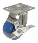 The Vestil 4X2 Solid Polyurethane (Spu) Swivel W/Brake has a blue tire, stainless steel caster wheel, and a brake marked ON and OFF. It includes a mounting plate with four holes for easy installation.