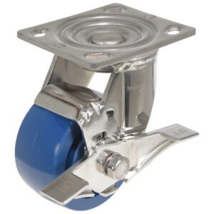 The Vestil 4X2 Solid Polyurethane (Spu) Swivel W/Brake has a blue tire, stainless steel caster wheel, and a brake marked ON and OFF. It includes a mounting plate with four holes for easy installation.