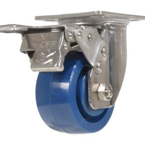 Close-up of a Vestil 4X2 Solid Polyurethane (Spu) Swivel W/Total Brake caster, showcasing a shiny metal frame with an OFF marked brake and a rectangular mounting plate on top.