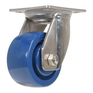 The Vestil 4X2 Solid Polyurethane Swivel caster has a blue wheel and sturdy metal bracket, ideal for furniture or equipment. Made from durable materials, its swiveling frame offers smooth mobility and long-lasting performance.