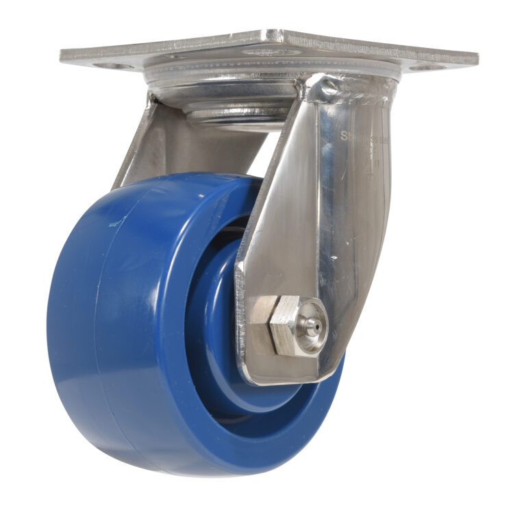CST-F-SS-4X2SP-S_A.jpg The Vestil 4X2 Solid Polyurethane Swivel caster has a blue wheel and sturdy metal bracket, ideal for furniture or equipment. Made from durable materials, its swiveling frame offers smooth mobility and long-lasting performance.