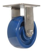 The Vestil 5X2 Solid Polyurethane (Spu) Rigid caster wheel boasts a glossy blue finish, securely attached for smooth movement. Its shiny metal bracket and mounting plate offer robust support and mobility, making it ideal for heavy-duty applications.