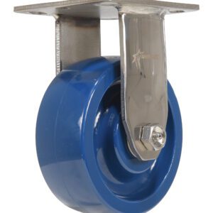 The Vestil 5X2 Solid Polyurethane (Spu) Rigid caster wheel boasts a glossy blue finish, securely attached for smooth movement. Its shiny metal bracket and mounting plate offer robust support and mobility, making it ideal for heavy-duty applications.