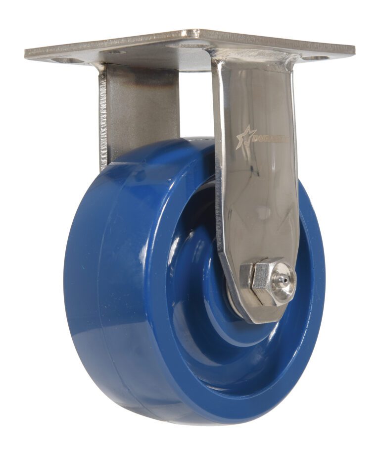 CST-F-SS-5X2SP-R_A.jpg The Vestil 5X2 Solid Polyurethane (Spu) Rigid caster wheel boasts a glossy blue finish, securely attached for smooth movement. Its shiny metal bracket and mounting plate offer robust support and mobility, making it ideal for heavy-duty applications.