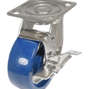 The Vestil 5X2 Solid Polyurethane (Spu) Swivel W/Brake caster features a blue rubber wheel and a top mounting plate, offering reliable locking and swiveling with its brake lever.