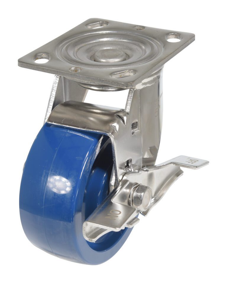 The Vestil 5X2 Solid Polyurethane (Spu) Swivel W/Brake caster features a blue rubber wheel and a top mounting plate, offering reliable locking and swiveling with its brake lever.