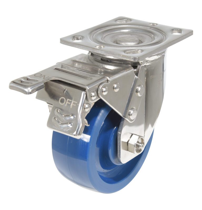 CST-F-SS-5X2SP-SWTB_A.jpg The Vestil 5X2 Solid Polyurethane (SPU) Swivel W/Total Brake features a blue rubber tire and flat mounting plate, with a secure locking mechanism using an engraved metal lever for ON and OFF indicators, ensuring reliable positioning with total brake functionality.