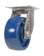 The Vestil 5X2 SPU Swivel has a blue, shiny polyurethane wheel on a sturdy metal frame for smooth furniture or equipment movement, equipped with a dependable mounting plate and bracket for extra support.
