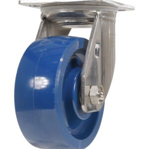 The Vestil 5X2 SPU Swivel has a blue, shiny polyurethane wheel on a sturdy metal frame for smooth furniture or equipment movement, equipped with a dependable mounting plate and bracket for extra support.