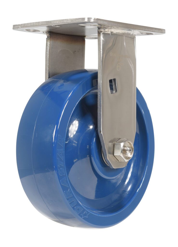 CST-F-SS-6X2SP-R_A.jpg A Vestil 6X2 Solid Polyurethane (Spu) rigid industrial caster wheel in blue features a glossy design, mounted with a metal bracket and central bolt on a sturdy frame, ideal for heavy-duty use.