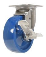 The Vestil 6X2 Solid Polyurethane (SPU) Swivel W/Brake caster features a blue, shiny, smooth wheel for effortless movement, a metal mounting plate with brake lever, and a durable metal bracket.