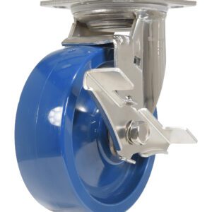 The Vestil 6X2 Solid Polyurethane (SPU) Swivel W/Brake caster features a blue, shiny, smooth wheel for effortless movement, a metal mounting plate with brake lever, and a durable metal bracket.