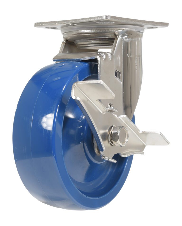 The Vestil 6X2 Solid Polyurethane (SPU) Swivel W/Brake caster features a blue, shiny, smooth wheel for effortless movement, a metal mounting plate with brake lever, and a durable metal bracket.
