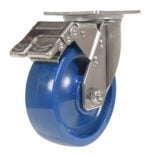 The Vestil 6X2 Solid Polyurethane (Spu) Swivel W/Total Brake features a blue caster wheel with a shiny silver bracket and dual pedal locking mechanism labeled ON and OFF, ideal for moving furniture or equipment, showcased against a plain white background.