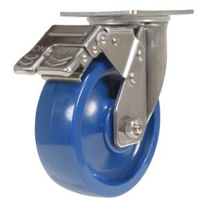 The Vestil 6X2 Solid Polyurethane (Spu) Swivel W/Total Brake features a blue caster wheel with a shiny silver bracket and dual pedal locking mechanism labeled ON and OFF, ideal for moving furniture or equipment, showcased against a plain white background.