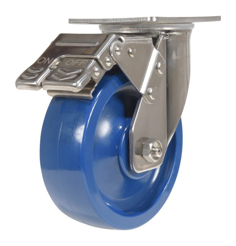 The Vestil 6X2 Solid Polyurethane (Spu) Swivel W/Total Brake features a blue caster wheel with a shiny silver bracket and dual pedal locking mechanism labeled ON and OFF, ideal for moving furniture or equipment, showcased against a plain white background.