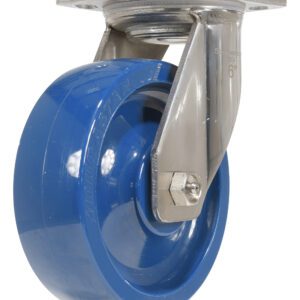 The Vestil 6X2 Solid Polyurethane (Spu) Swivel caster wheel features a glossy finish, metal bracket, and circular top plate for secure mounting. Its sturdy construction is ideal for heavy-duty applications.