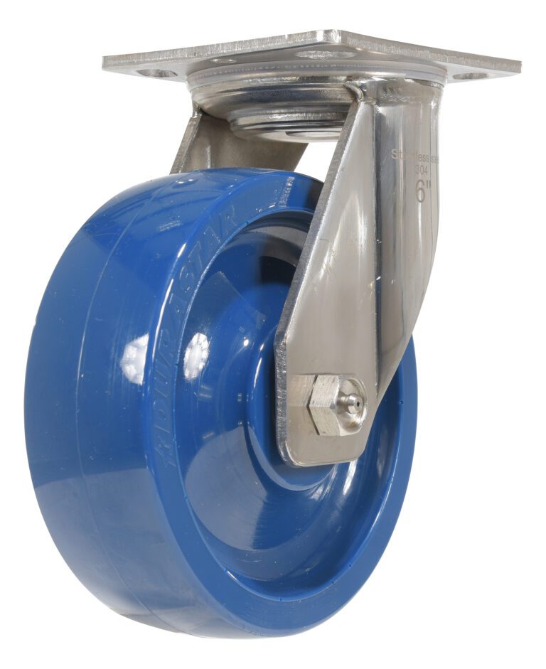 The Vestil 6X2 Solid Polyurethane (Spu) Swivel caster wheel features a glossy finish, metal bracket, and circular top plate for secure mounting. Its sturdy construction is ideal for heavy-duty applications.