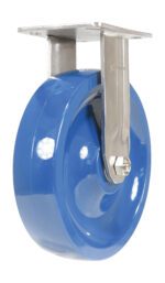 The Vestil 8X2 Solid Polyurethane (SPU) Rigid caster wheel features a glossy blue design with a silver metallic bracket, expertly mounted on a metal plate, ideal for heavy-duty use.