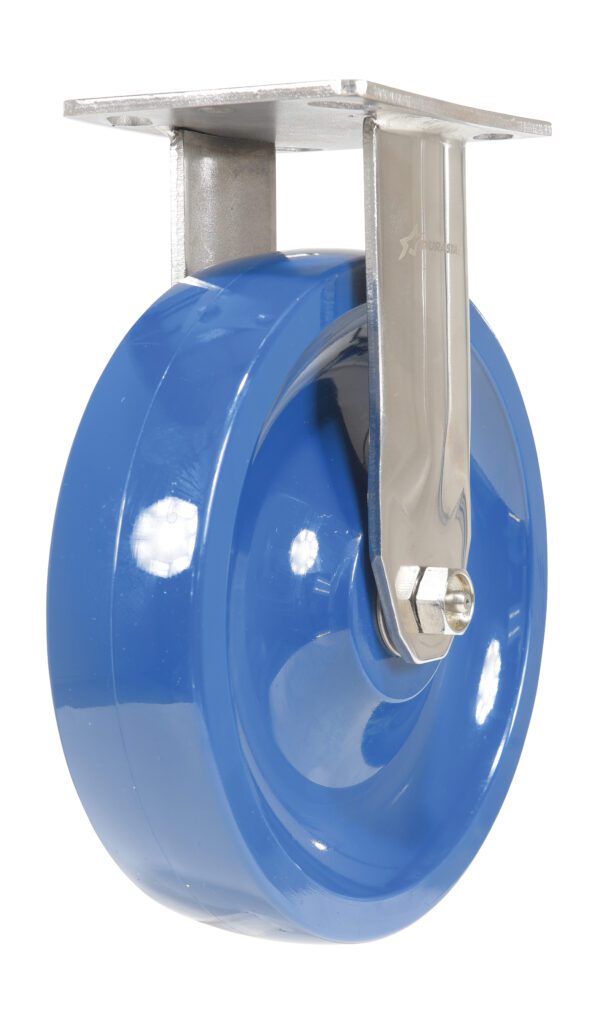 The Vestil 8X2 Solid Polyurethane (SPU) Rigid caster wheel features a glossy blue design with a silver metallic bracket, expertly mounted on a metal plate, ideal for heavy-duty use.