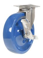 A blue caster wheel with a metallic swivel mount and bracket, designed for furniture or equipment mobility. The shiny, durable components resemble the Vestil 8X2 Solid Polyurethane (Spu) Swivel W/Brake. The wheel is angled slightly.